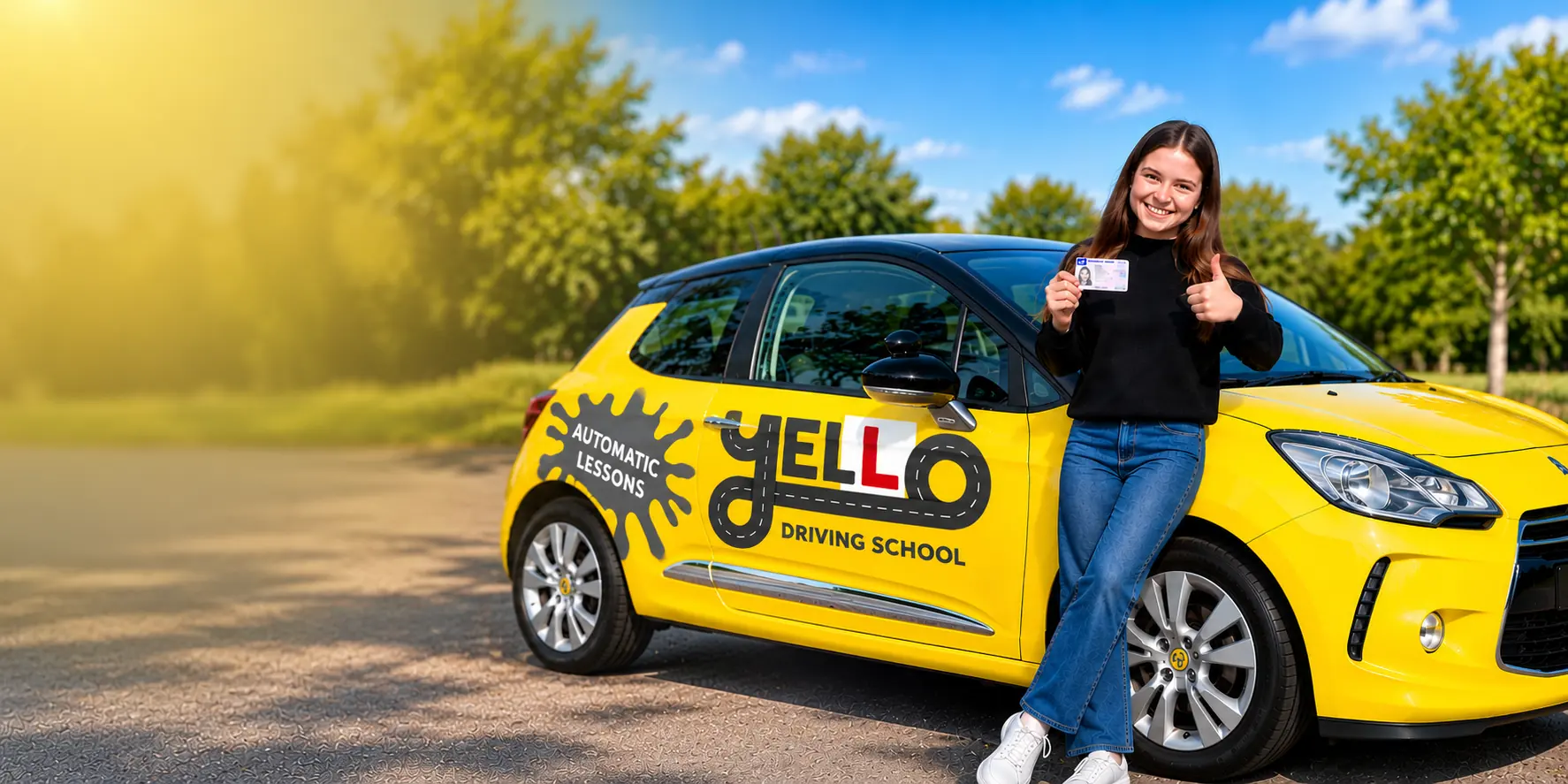 Yellow Yello Driving School car with a learner in Frodsham